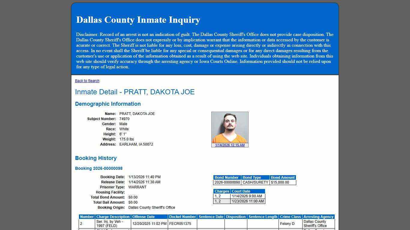 Inmate Detail - PRATT, DAKOTA JOE