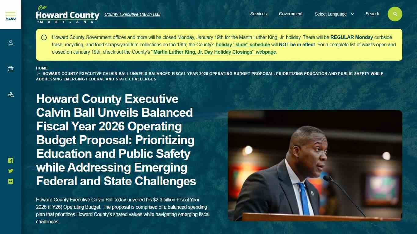 Howard County Executive Calvin Ball Unveils Balanced Fiscal Year 2026 Operating Budget Proposal: Prioritizing Education and Public Safety while Addressing Emerging Federal and State Challenges | Howard County